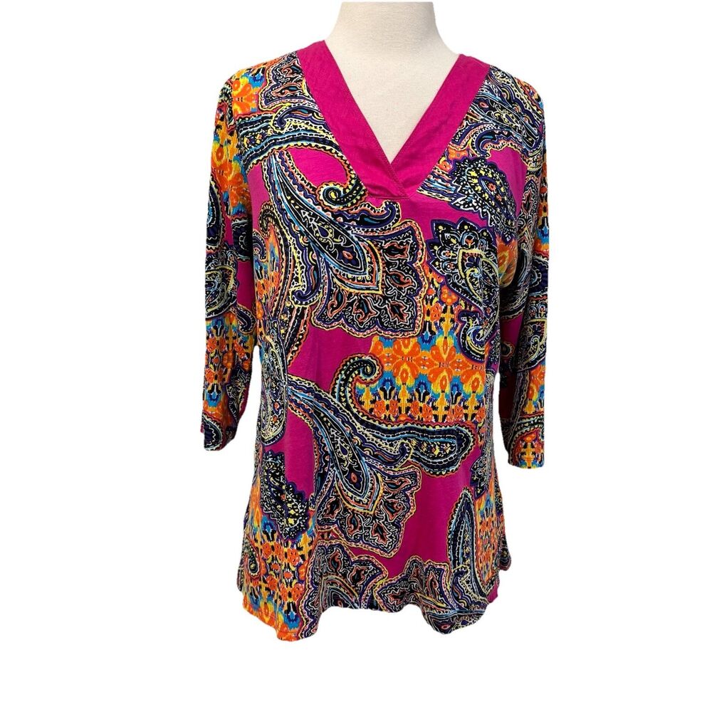 Lauren Ralph Lauren Womens Large Paisley Shirt Pink Linen Boho Luxury Resort
